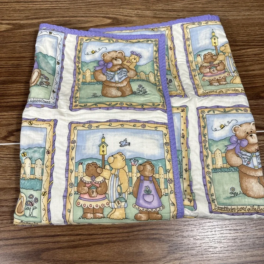 Vintage Handmade Children's Quilt Reversible Bears and Solid Violet Fabric 40x32